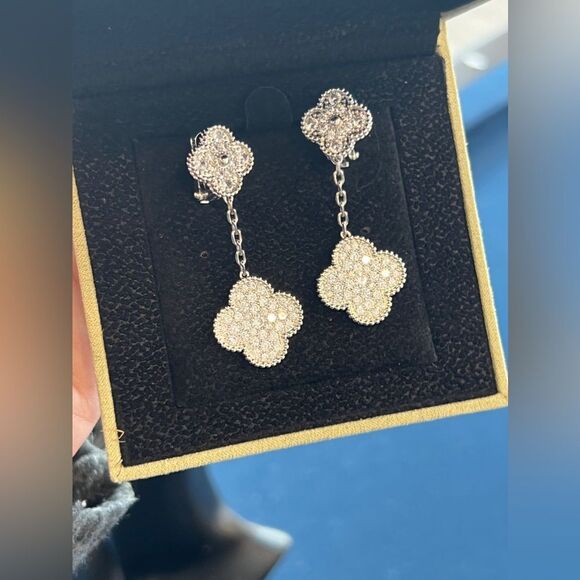 Silver Plated Lucky Alhambra Clover Drop Earrings with Crystal accents w… - Picture 6 of 10